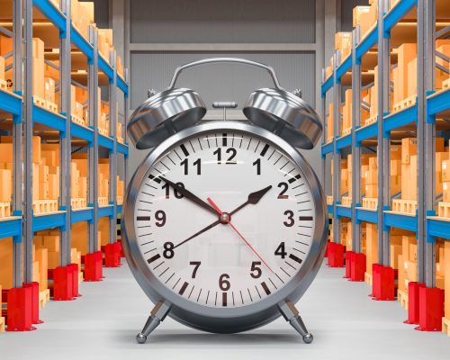 Fast delivery concept alarm clock warehouse 3d rendering